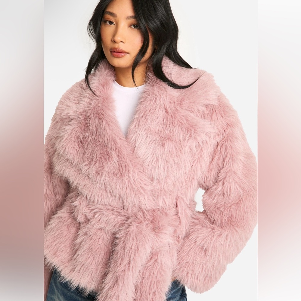 Women's Pink Faux Fur Coat Belted Jacket Muave Light Pink Collar Fluffy Cover Up